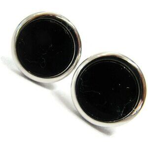 Silver Tone Black Round Cufflinks Wedding Tux Vintage